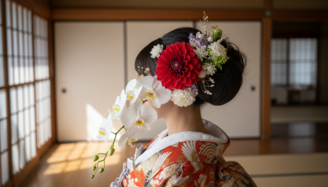 和装の生花ヘアアレンジ。ダリアや胡蝶蘭を使った人気スタイル - 1