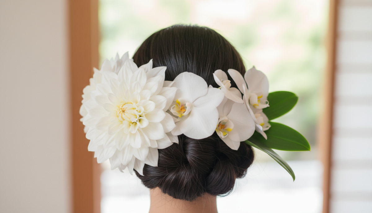 和装の生花ヘアアレンジ。ダリアや胡蝶蘭を使った人気スタイル - 2