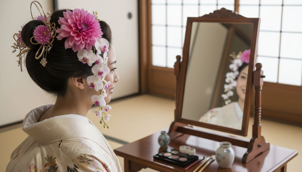 和装の生花ヘアアレンジ。ダリアや胡蝶蘭を使った人気スタイル - 3