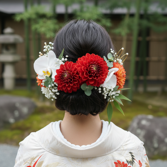 和装の生花ヘアアレンジ。ダリアや胡蝶蘭を使った人気スタイル アイキャッチ
