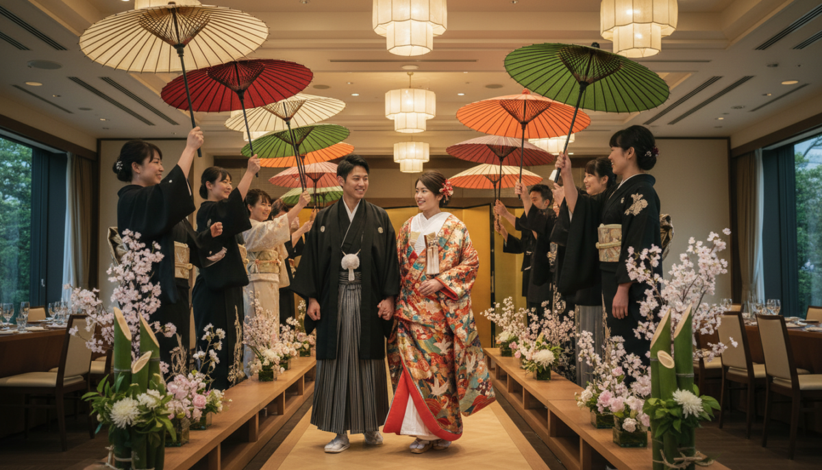 お色直し退場・入場のエスコート。和装に映える番傘（和傘）を使った演出 - 2